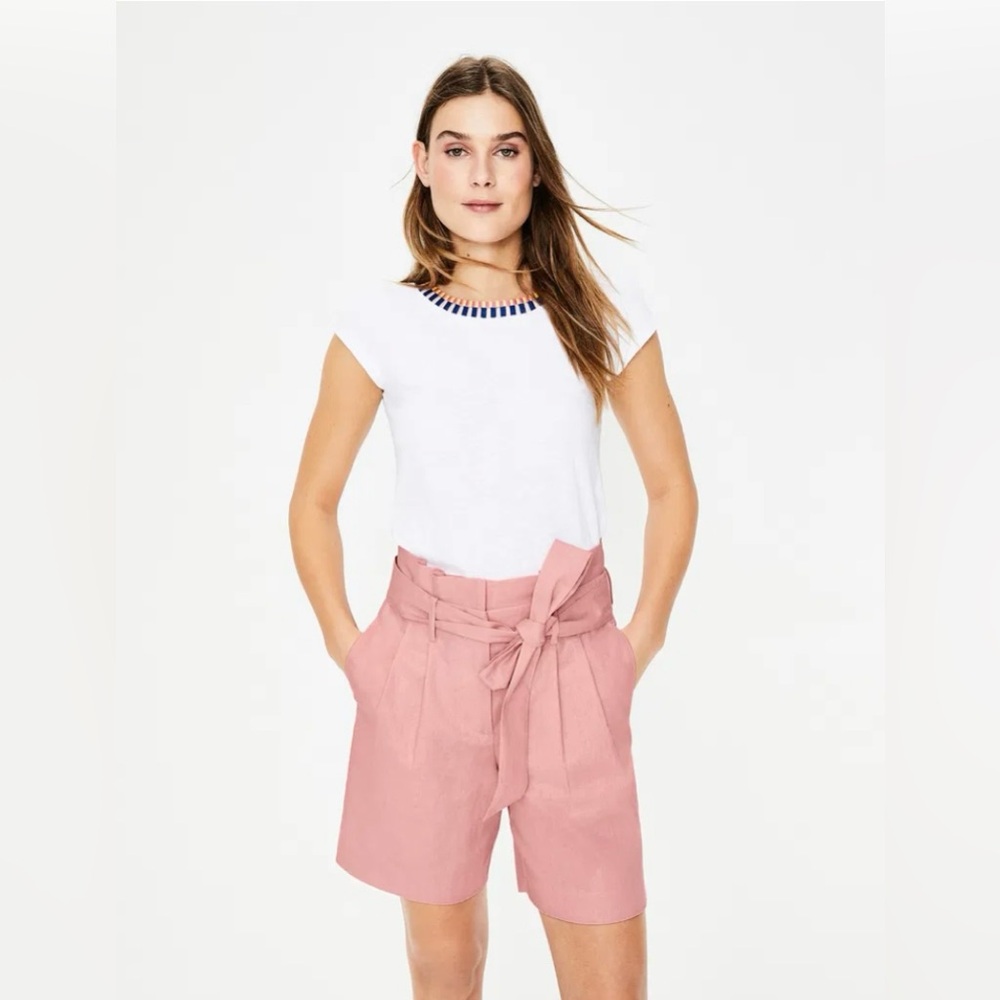 Classic Boden St Ives Linen Paper Bag Shorts Size 12  Pink Belted Pockets - Picture 2 of 5